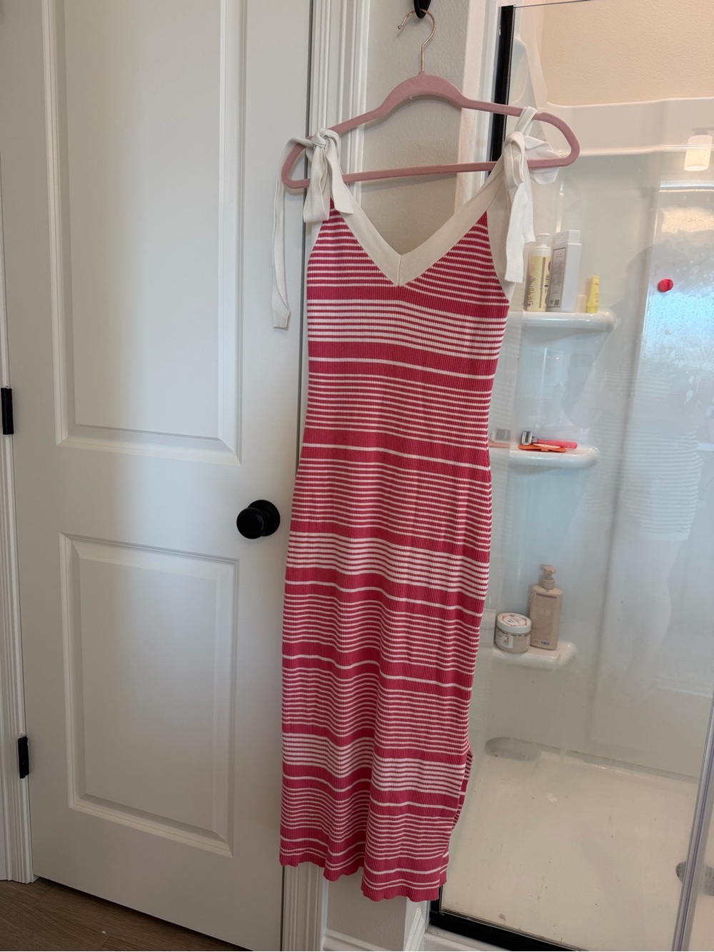 Tie-Shoulder Pink Stripe Midi Dress